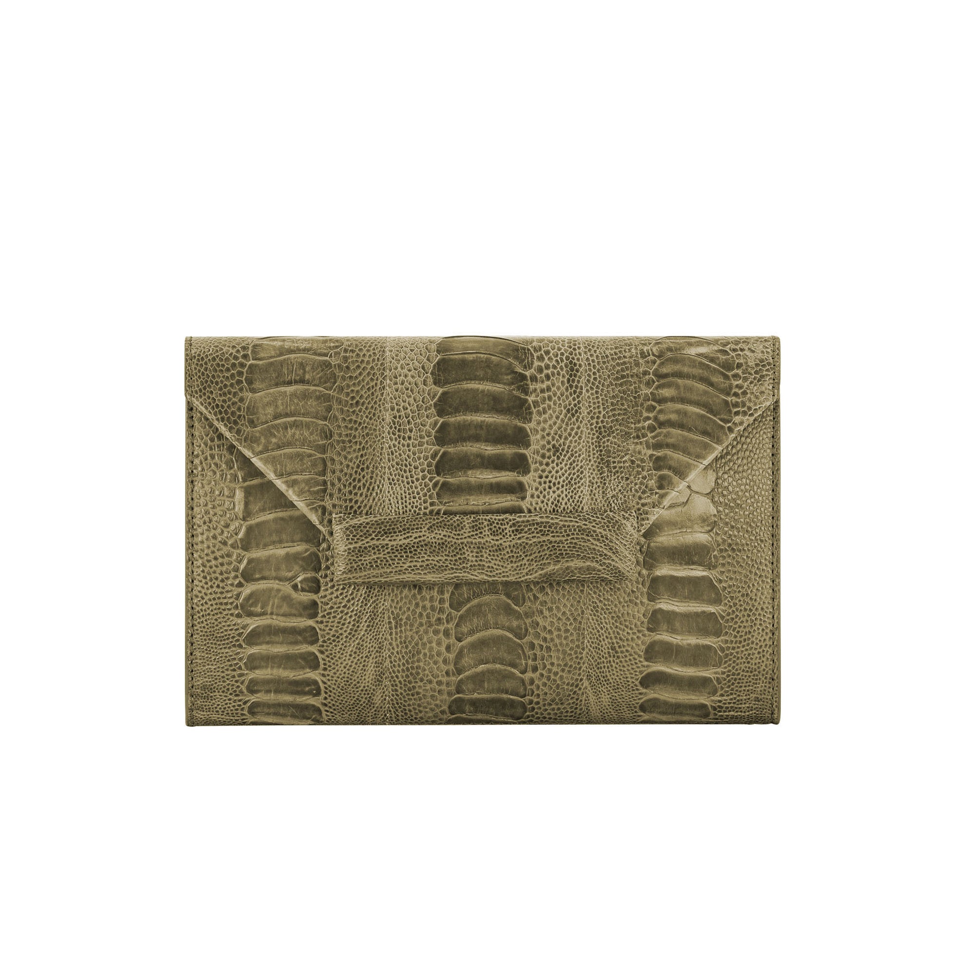 Front of python clutch bag on a white background