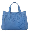 Blue ostrich-textured tote bag on a white background