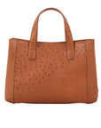 Cognac ostrich-textured tote bag on a white background