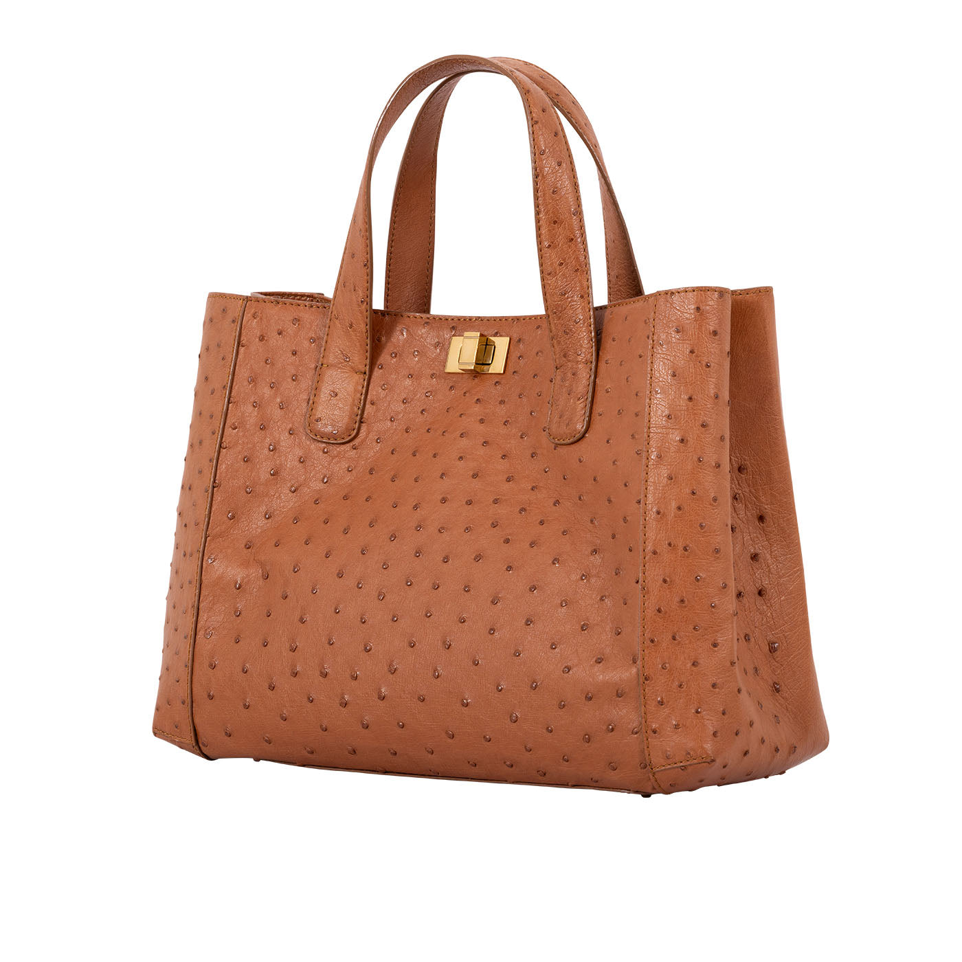 Cognac ostrich-patterned handbag with a shoulder strap on a white background