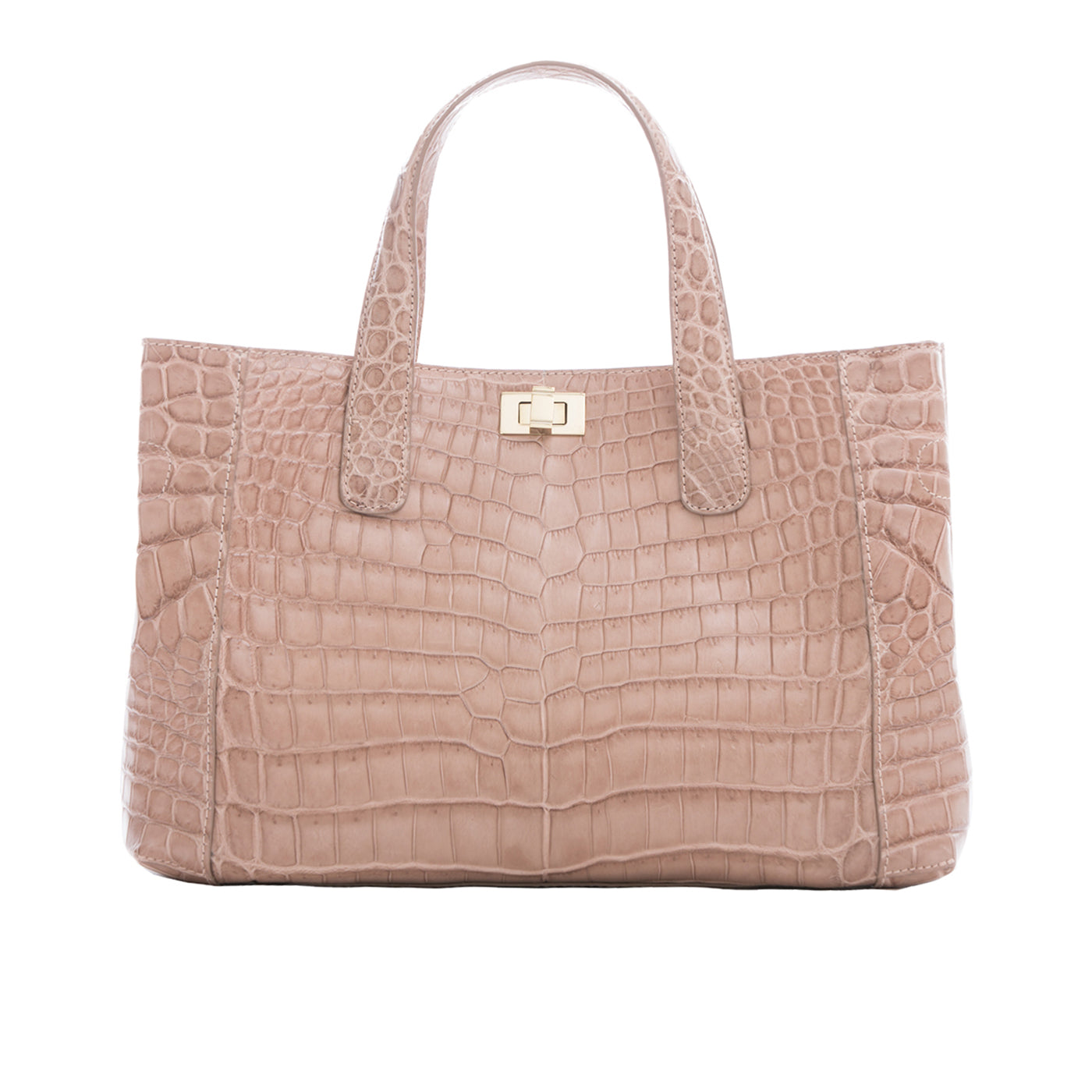 Front of a walnut crocodile textured handbag on a white background