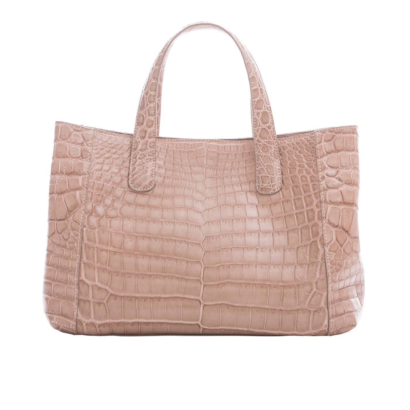 Back of a walnut crocodile textured handbag on a white background