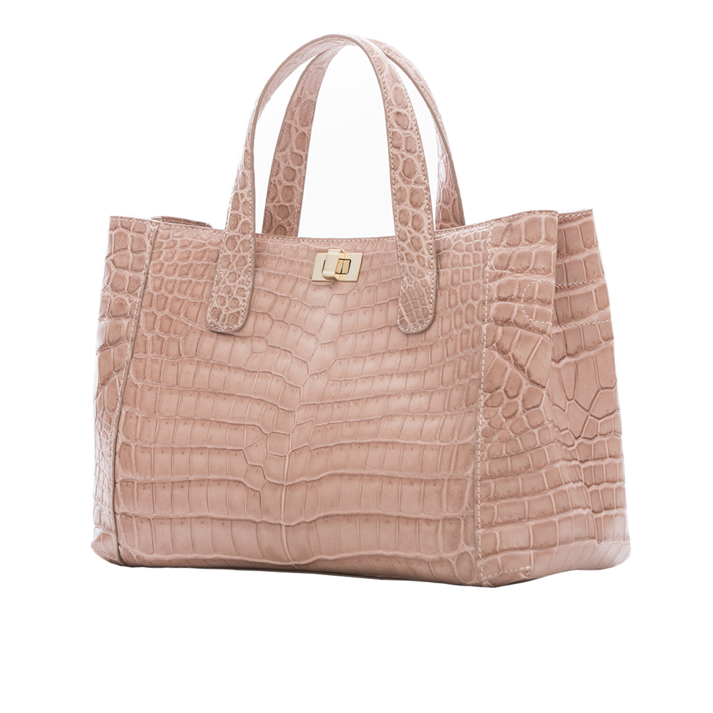 Side of a walnut crocodile textured handbag on a white background