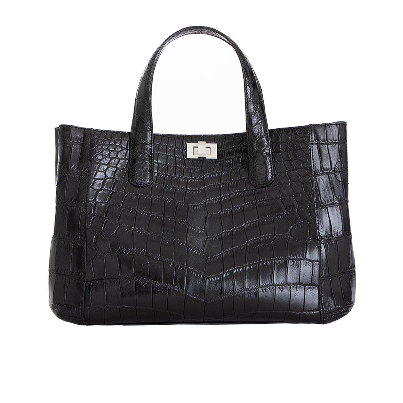 Front of a black crocodile textured handbag on a white background