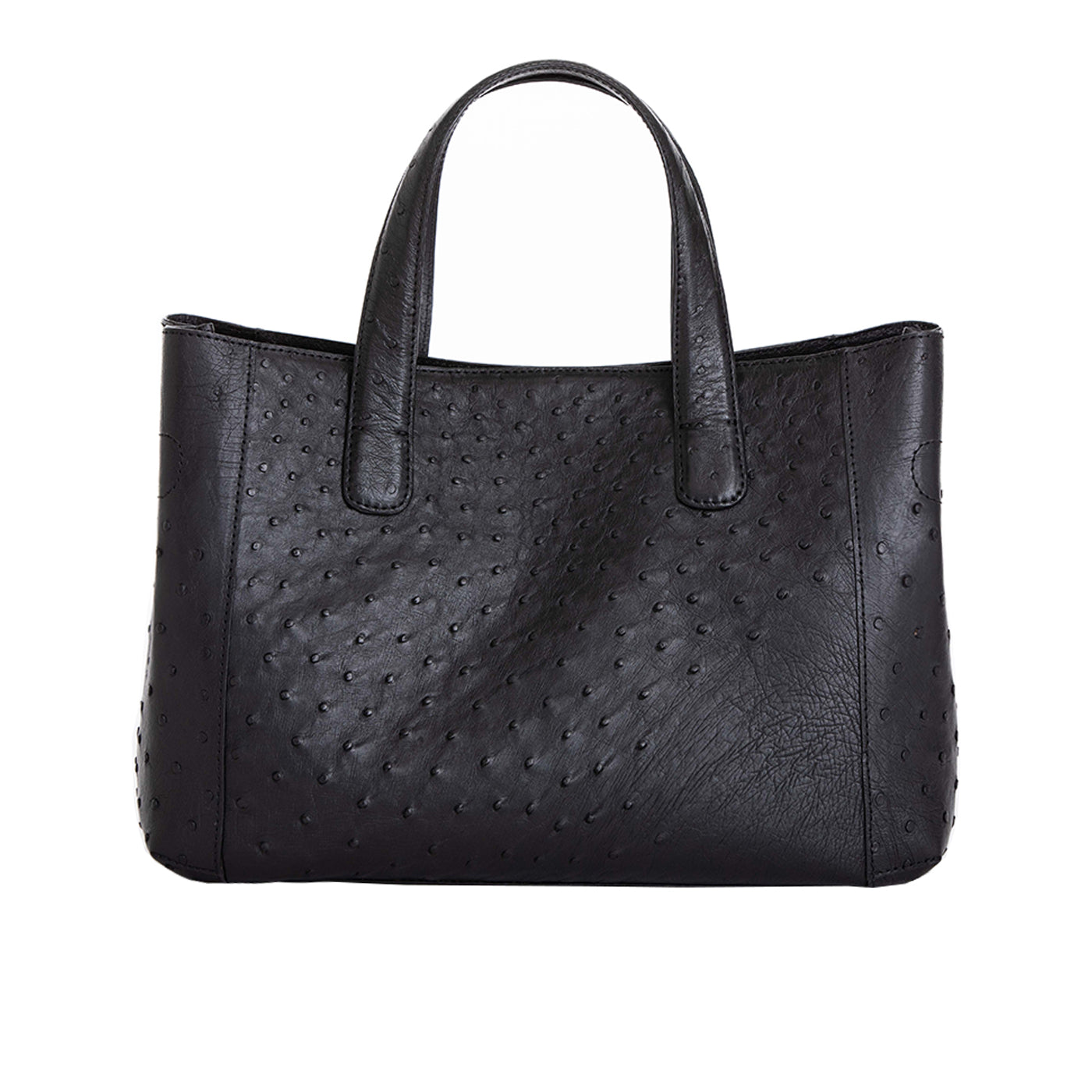 Back of a black ostrich textured handbag on a white background