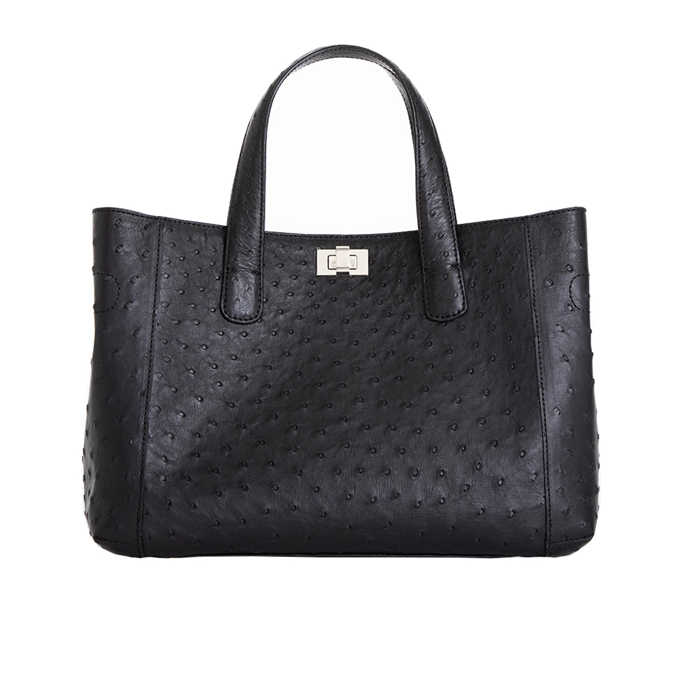 Front of a black ostrich textured handbag on a white background