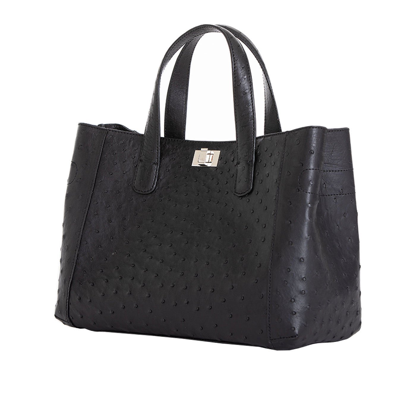 Side of a black ostrich textured handbag on a white background
