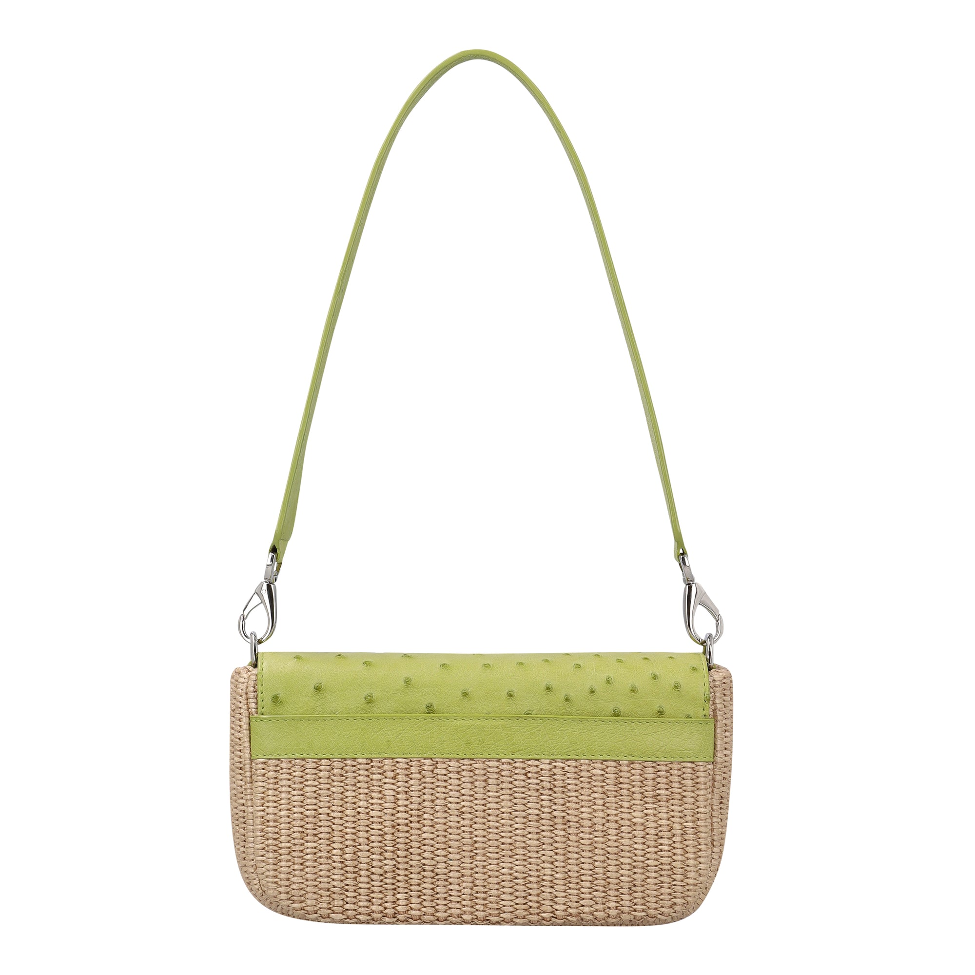 Back of a chartreuse and beige ostrich and woven handbag with a strap on a white background