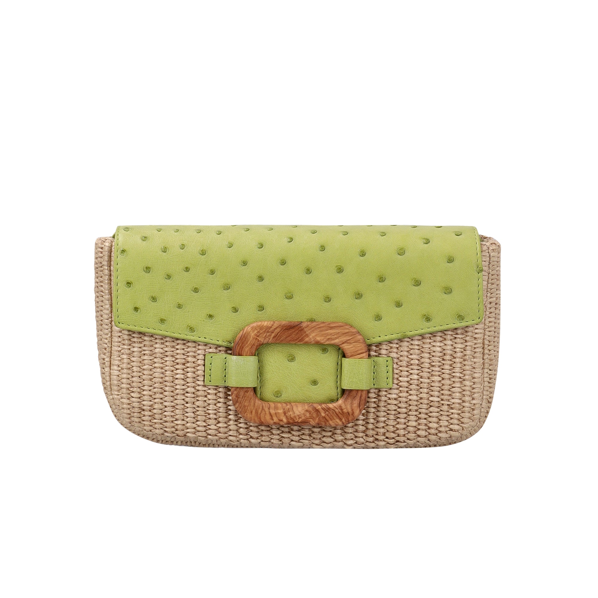Green and beige ostrich and woven clutch bag with a buckle on a white background