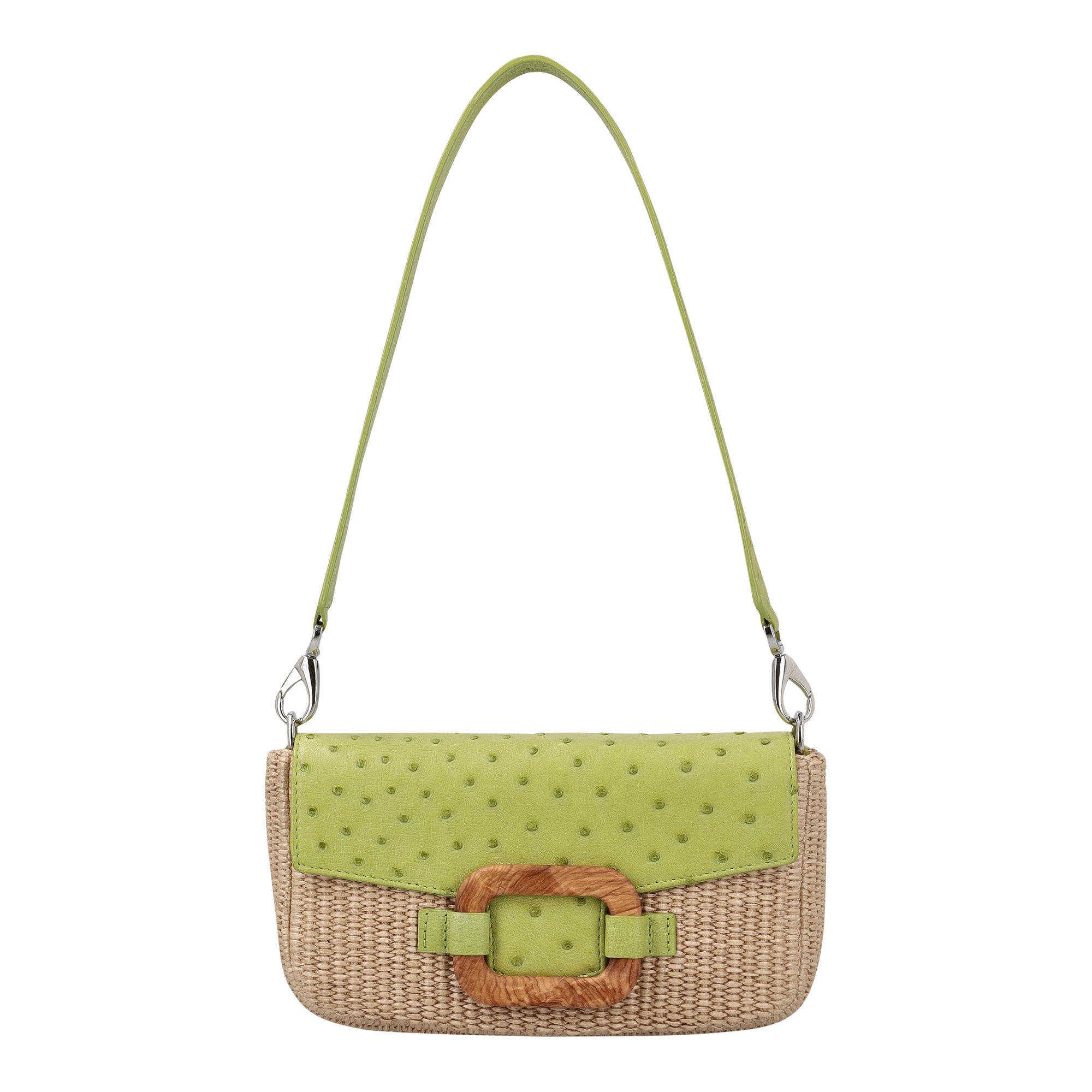 Front of a chartreuse and beige ostrich and woven handbag with a strap on a white background