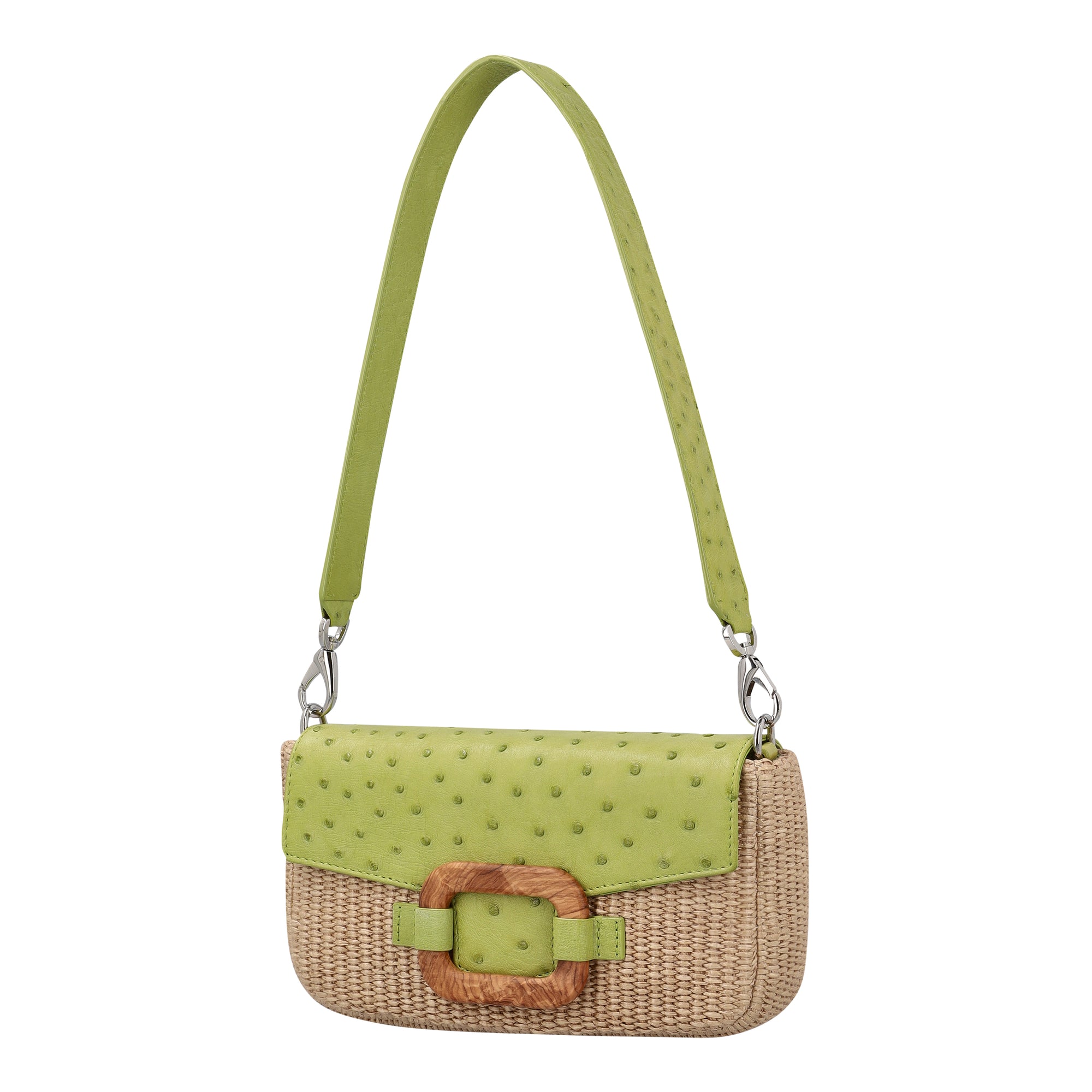 Side of a chartreuse and beige ostrich and woven handbag with a strap on a white background