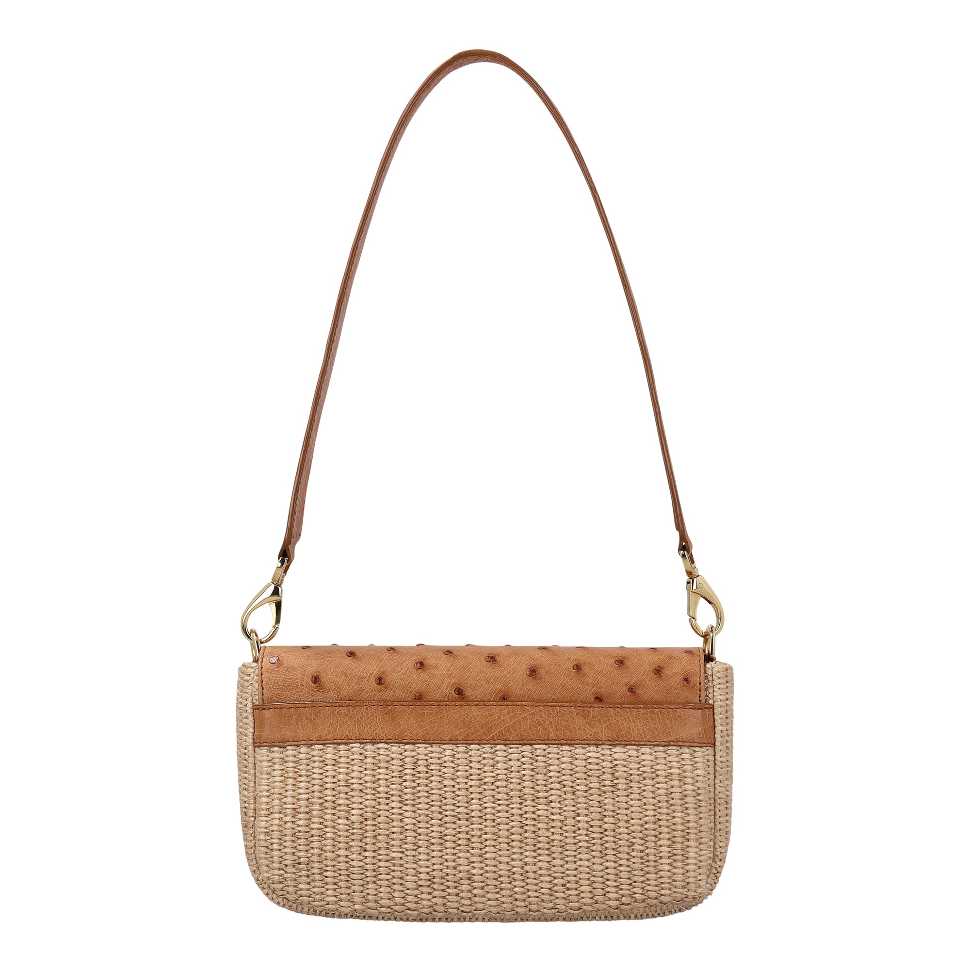 Back of a brown and beige ostrich and woven handbag with a strap on a white background