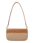 Back of a brown and beige ostrich and woven handbag with a strap on a white background