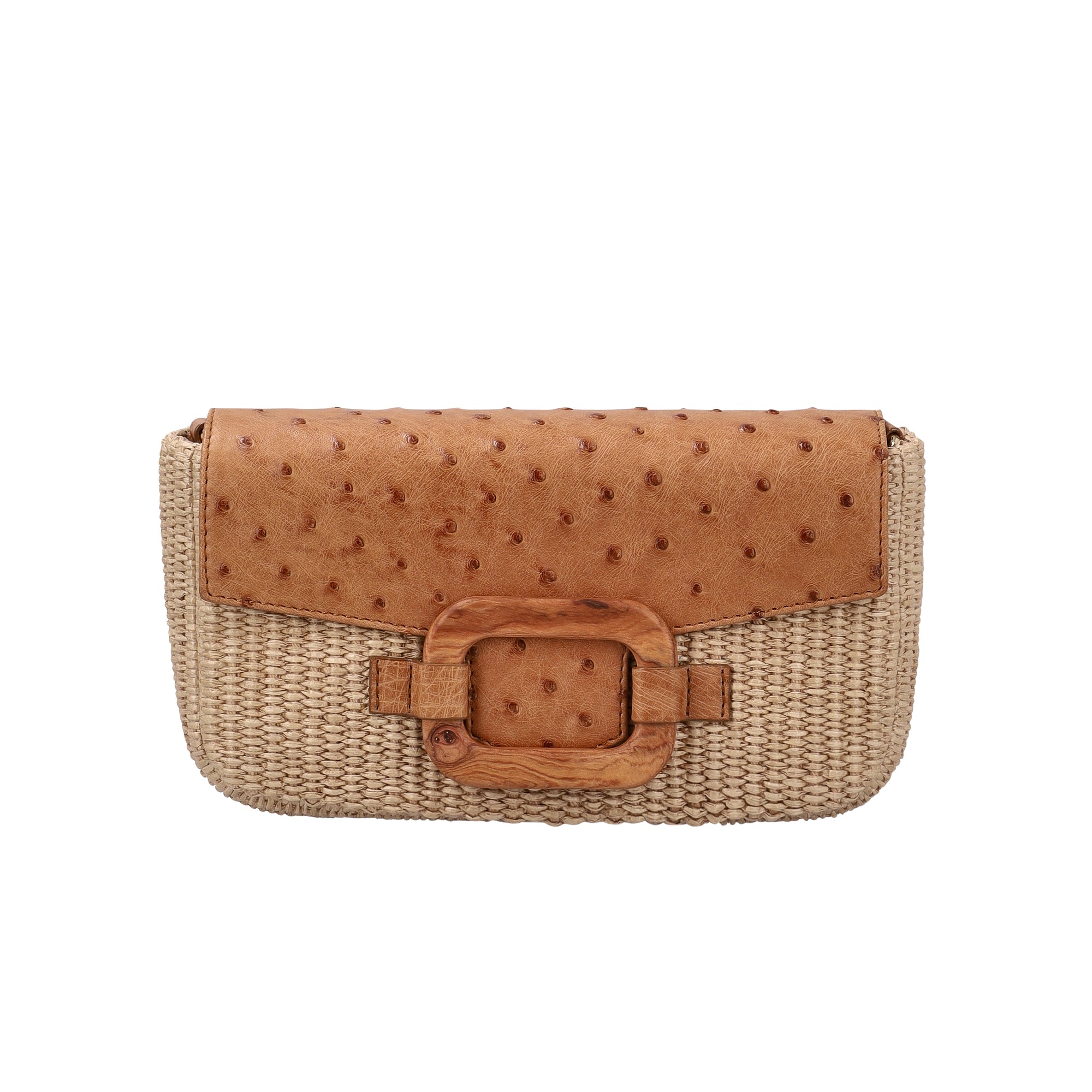 Front of a brown and beige ostrich and woven handbag on a white background