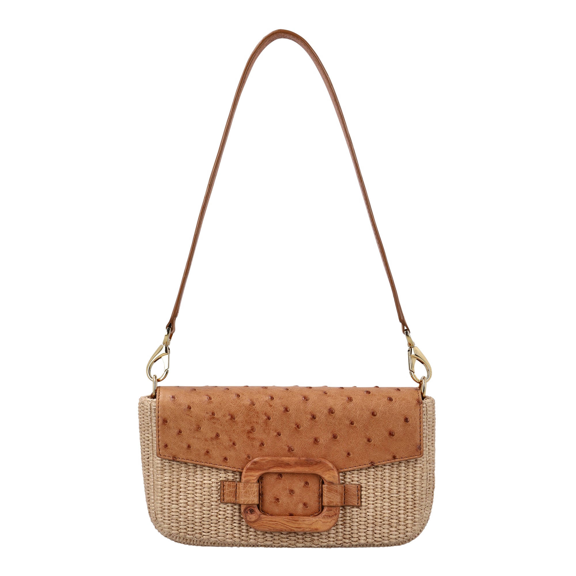 Front of a brown and beige ostrich and woven handbag with a strap on a white background