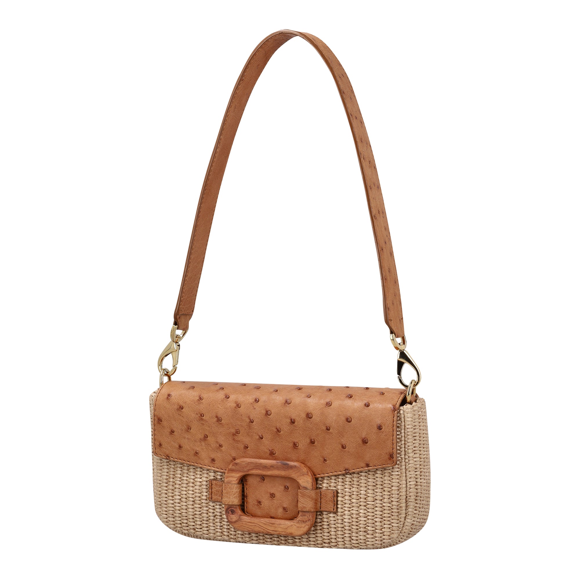 Side of a brown and beige ostrich and woven handbag with a strap on a white background