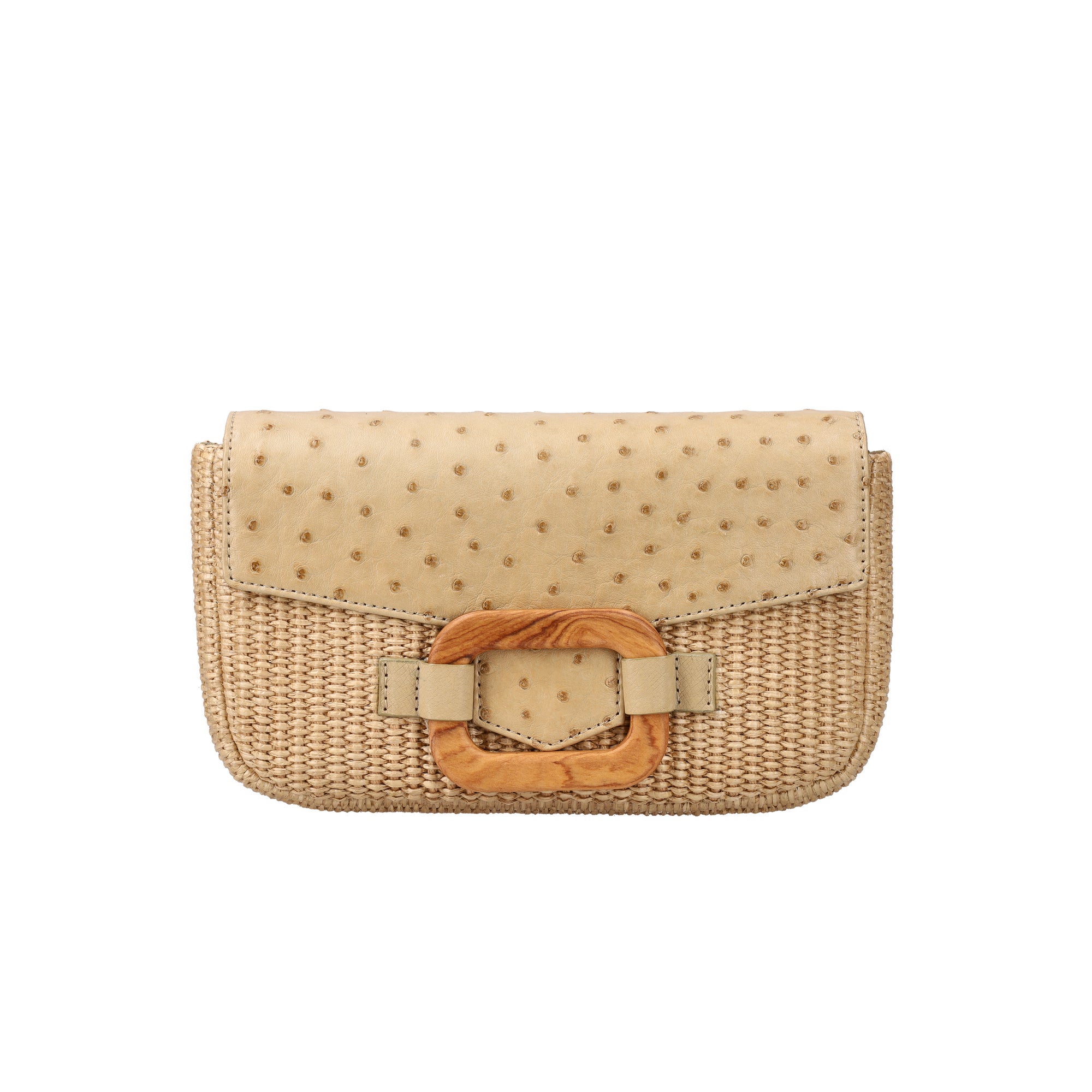 Beige woven and ostrich material clutch bag on a white background