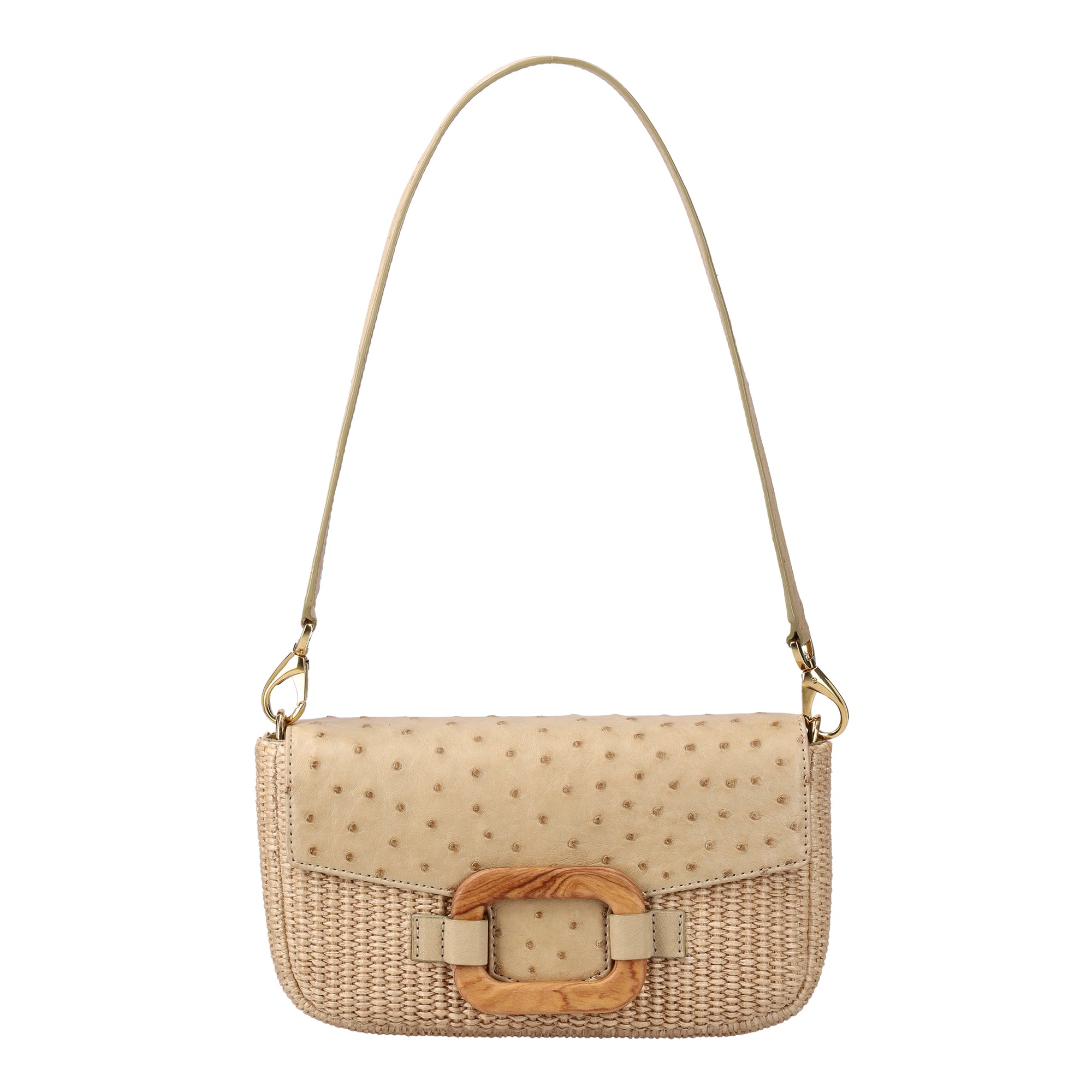 Front of a beige woven and ostrich material clutch bag with a strap on a white background