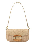 Front of a beige woven and ostrich material clutch bag with a strap on a white background