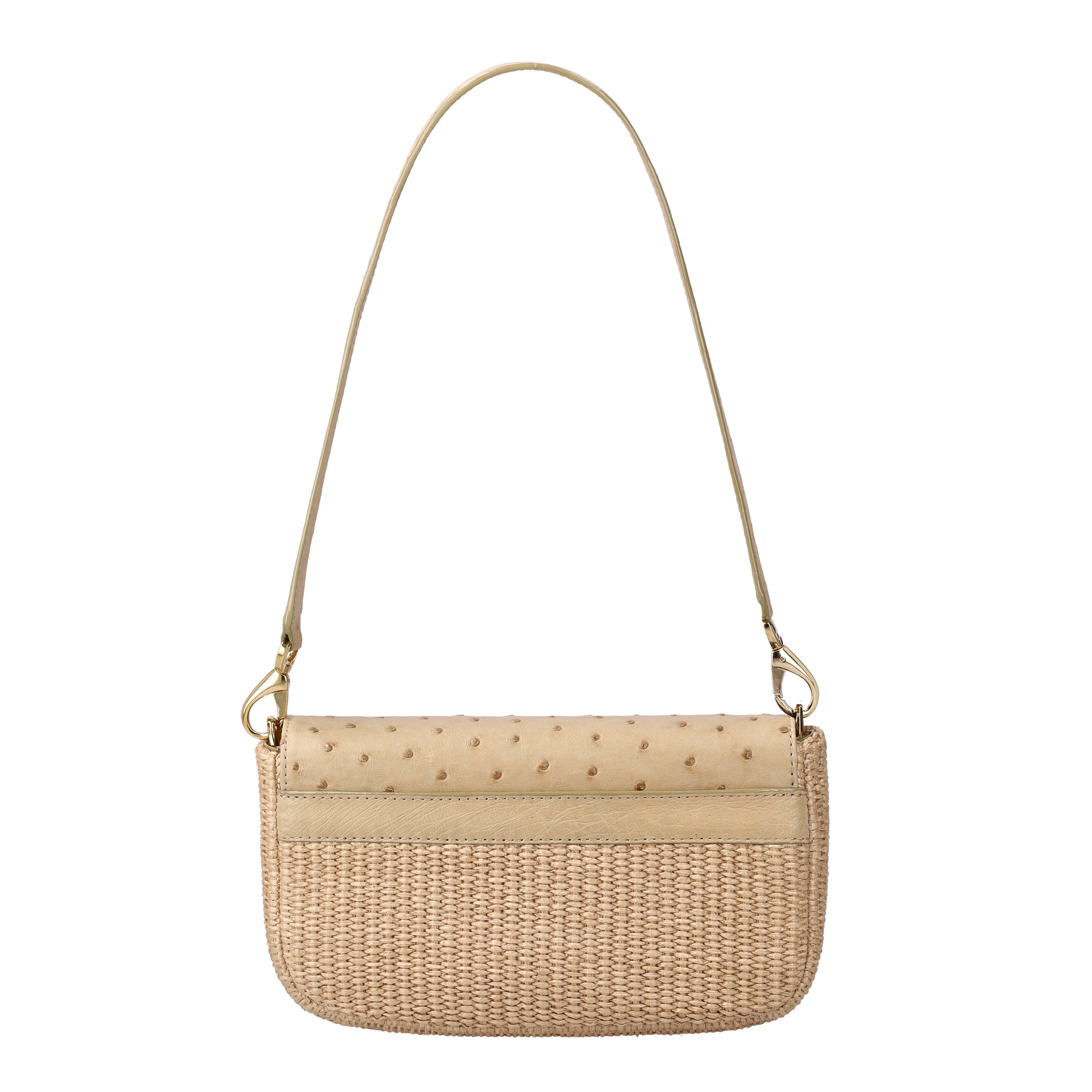 Back of a beige woven and ostrich material clutch bag with a strap on a white background