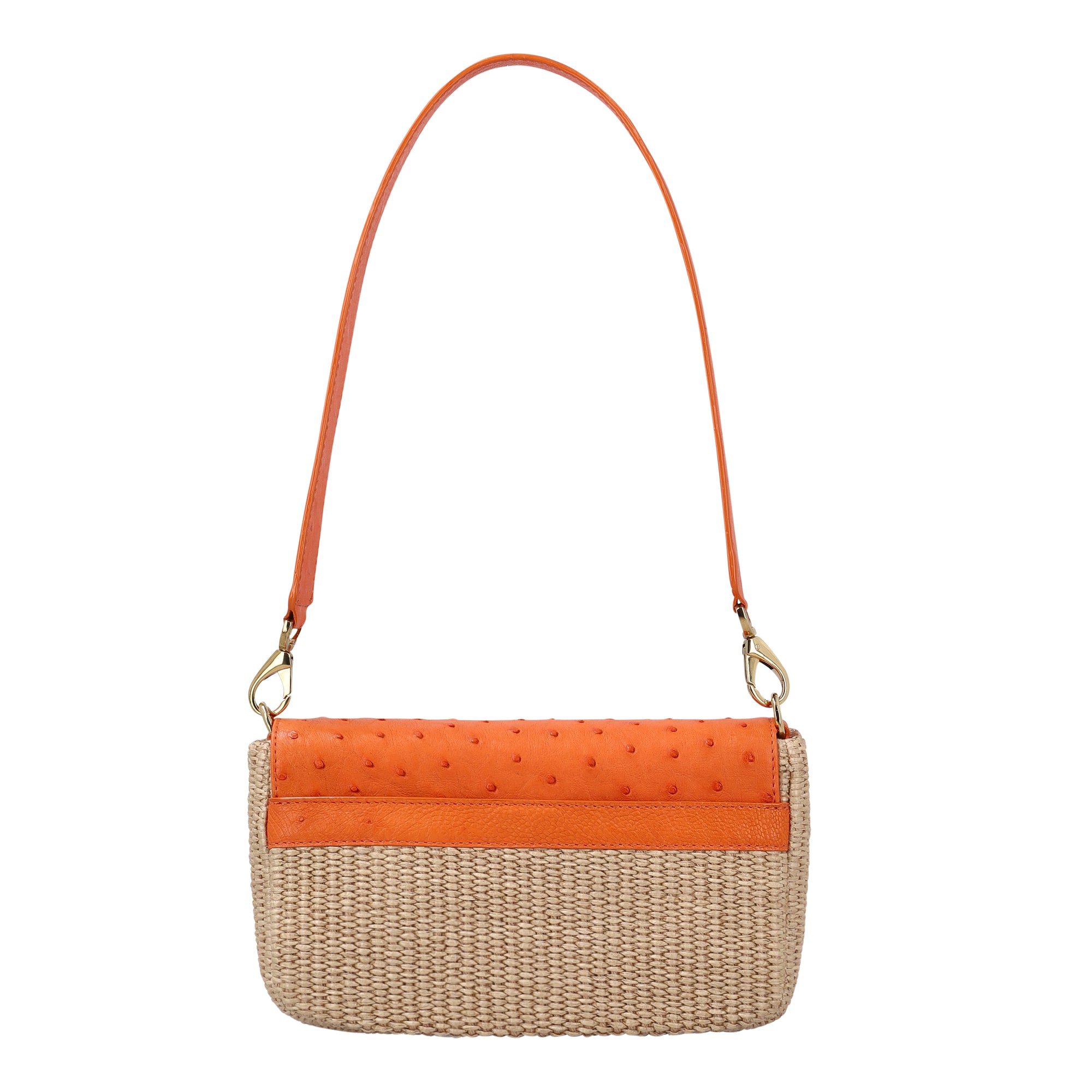 Back of a tangerine and beige ostrich and woven handbag with a strap on a white background