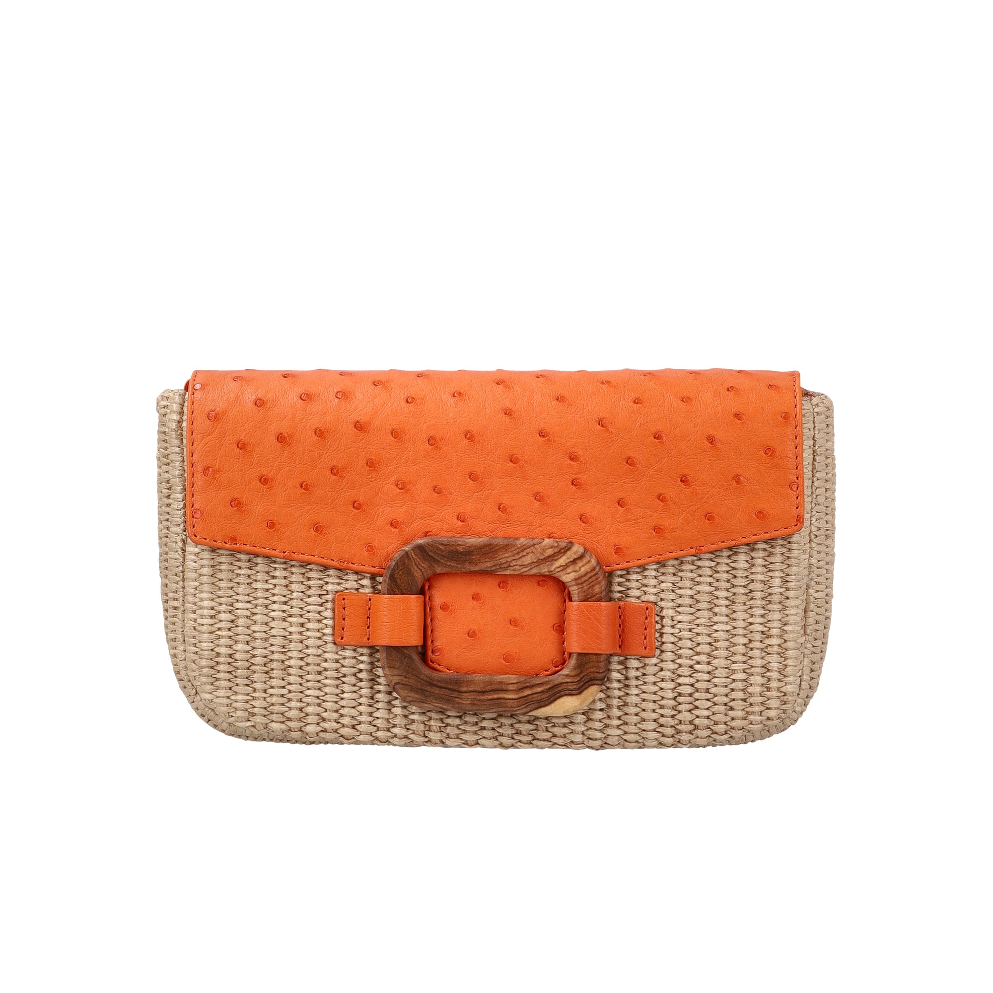Side of a tangerine and beige ostrich and woven handbag on a white background