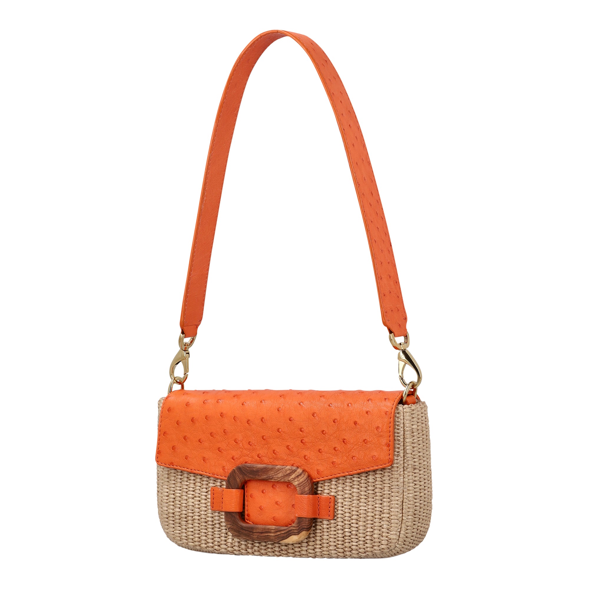 Side of a orange and beige ostrich and woven handbag with a strap on a white background