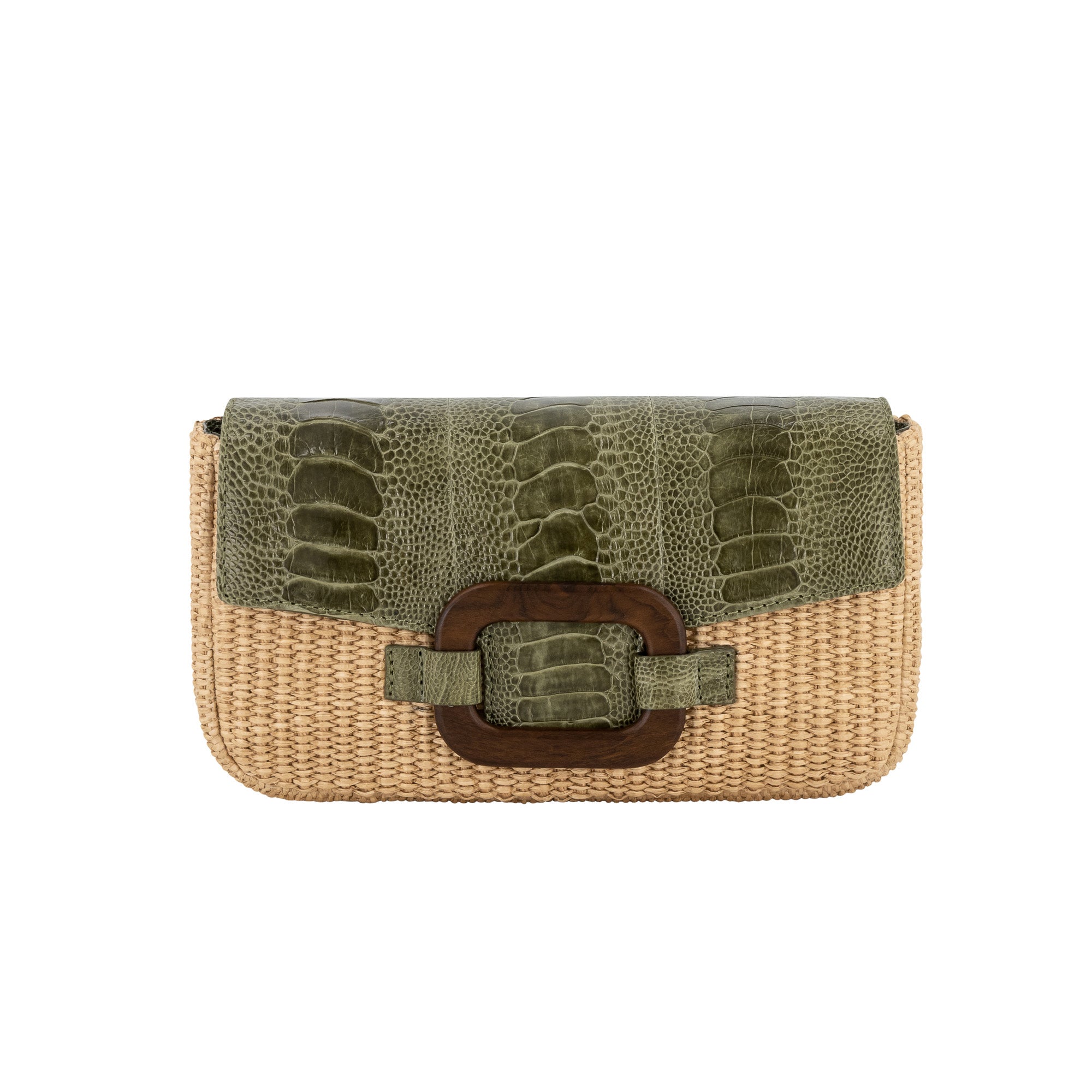 Front of a forest green and beige woven handbag on a white background