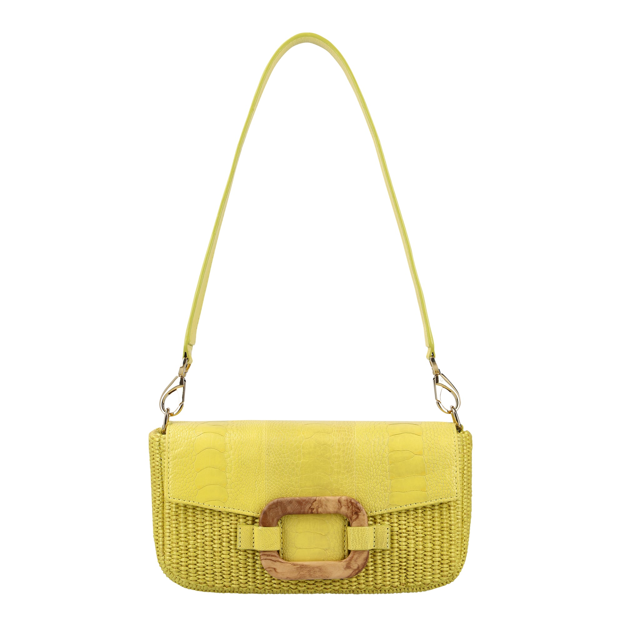 Front of a woven handbag with a strap on a white background