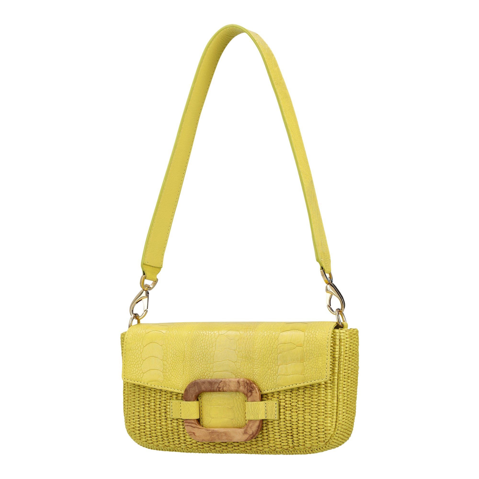 Front of a yellow woven handbag with a strap on a white background