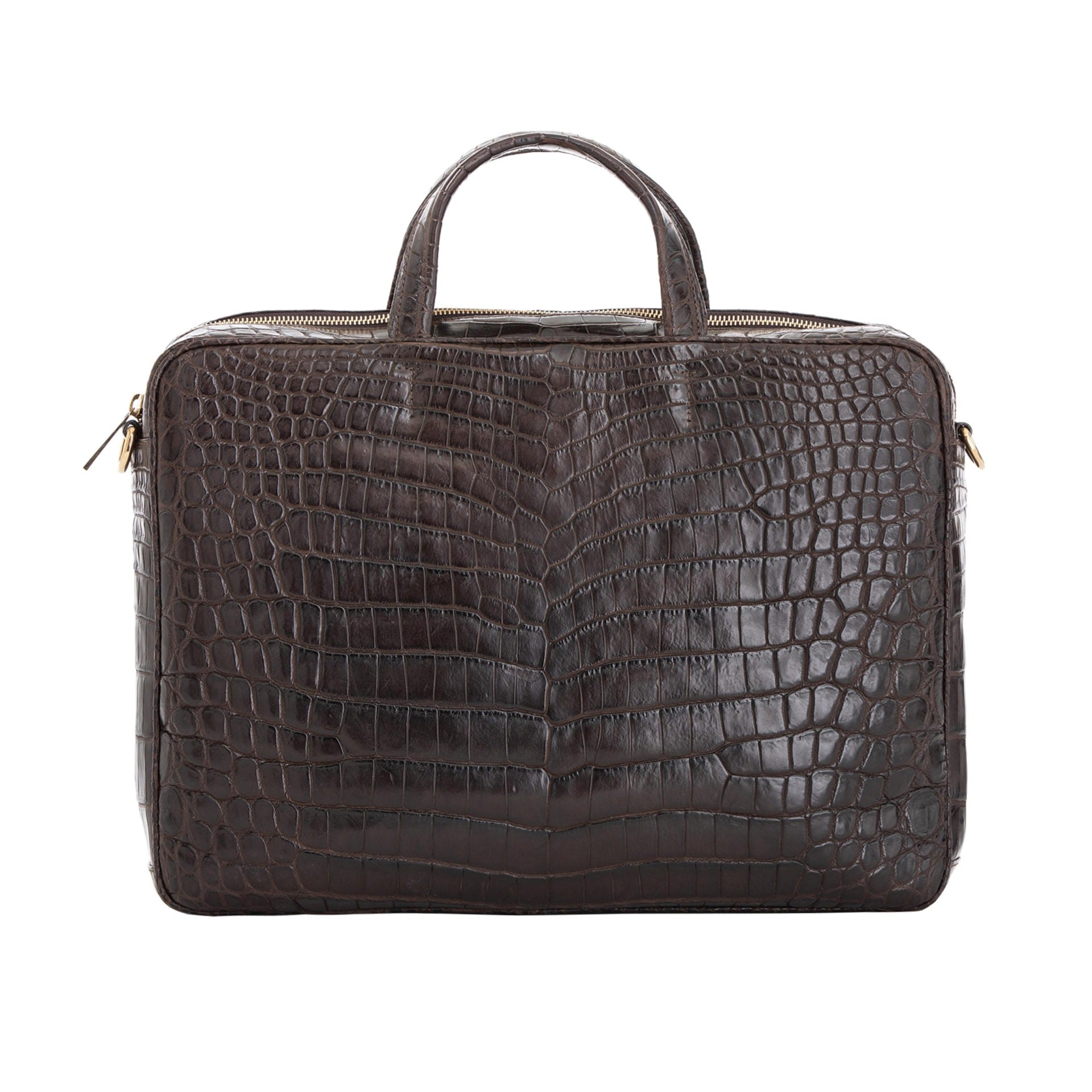 Large dark brown crocodile laptop bag with handles on a white background