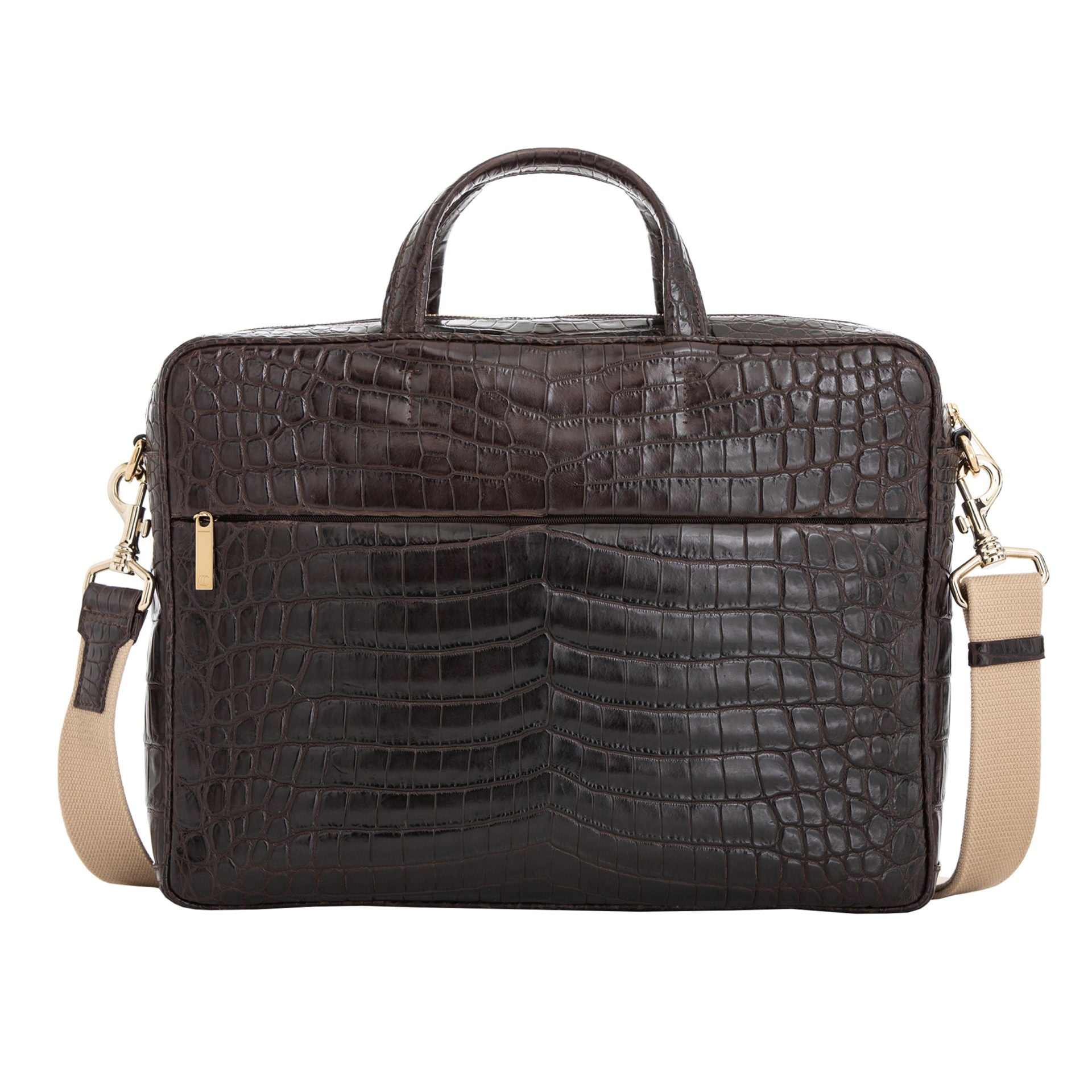 Large dark brown crocodile laptop bag with handles on a white background