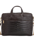 Large dark brown crocodile laptop bag with handles on a white background