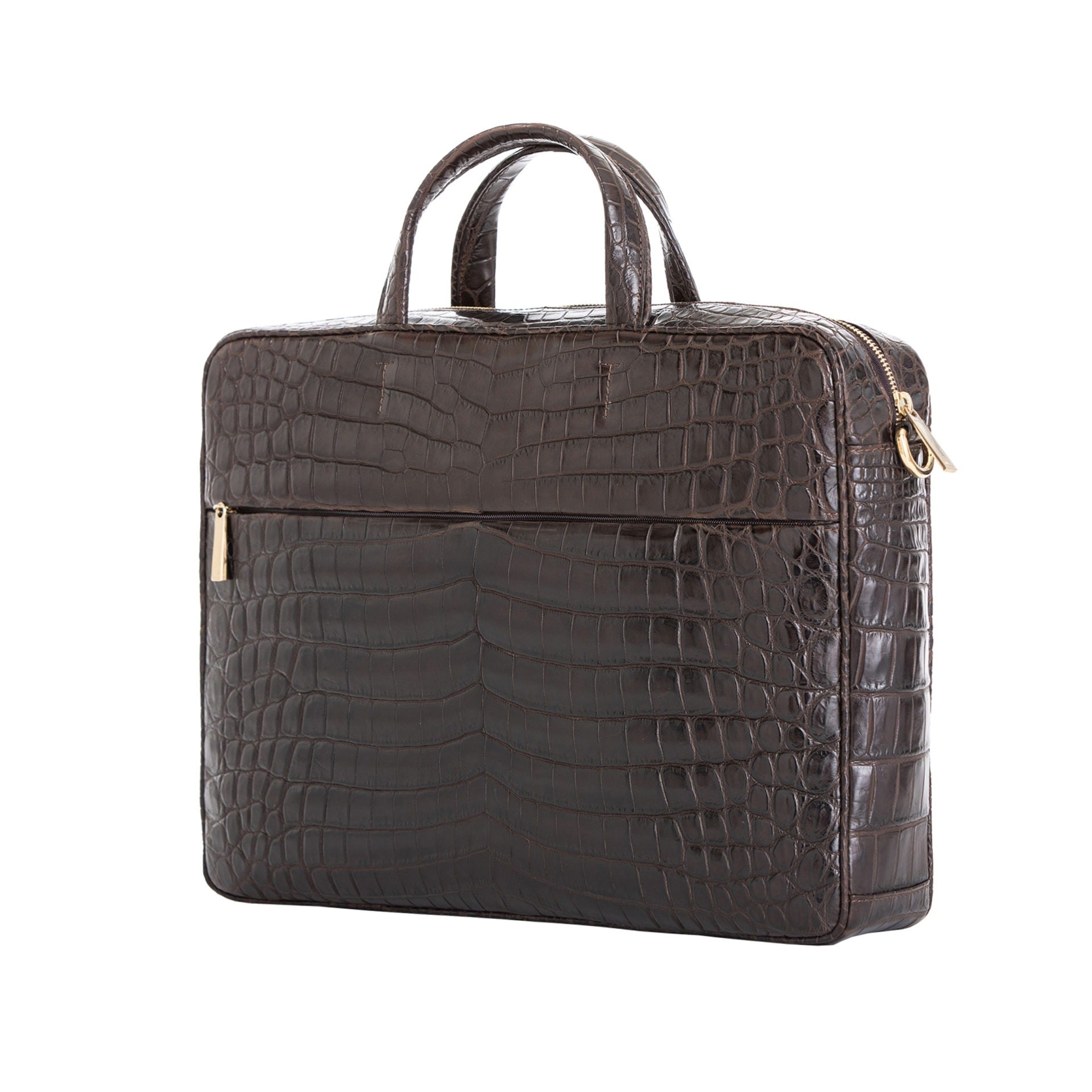 Large dark brown crocodile laptop bag with handles on a white background