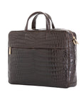 Large dark brown crocodile laptop bag with handles on a white background