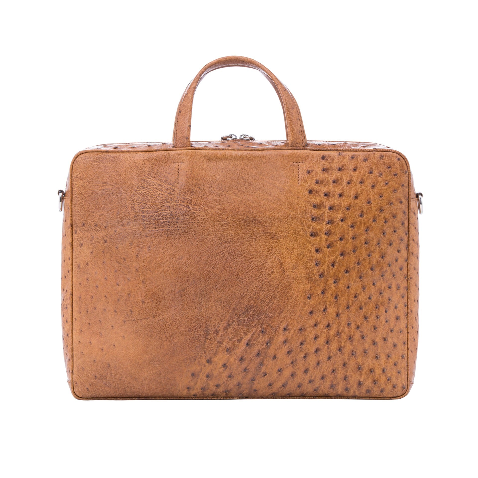Large brown ostrich laptop bag with handles on a white background