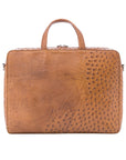 Large brown ostrich laptop bag with handles on a white background