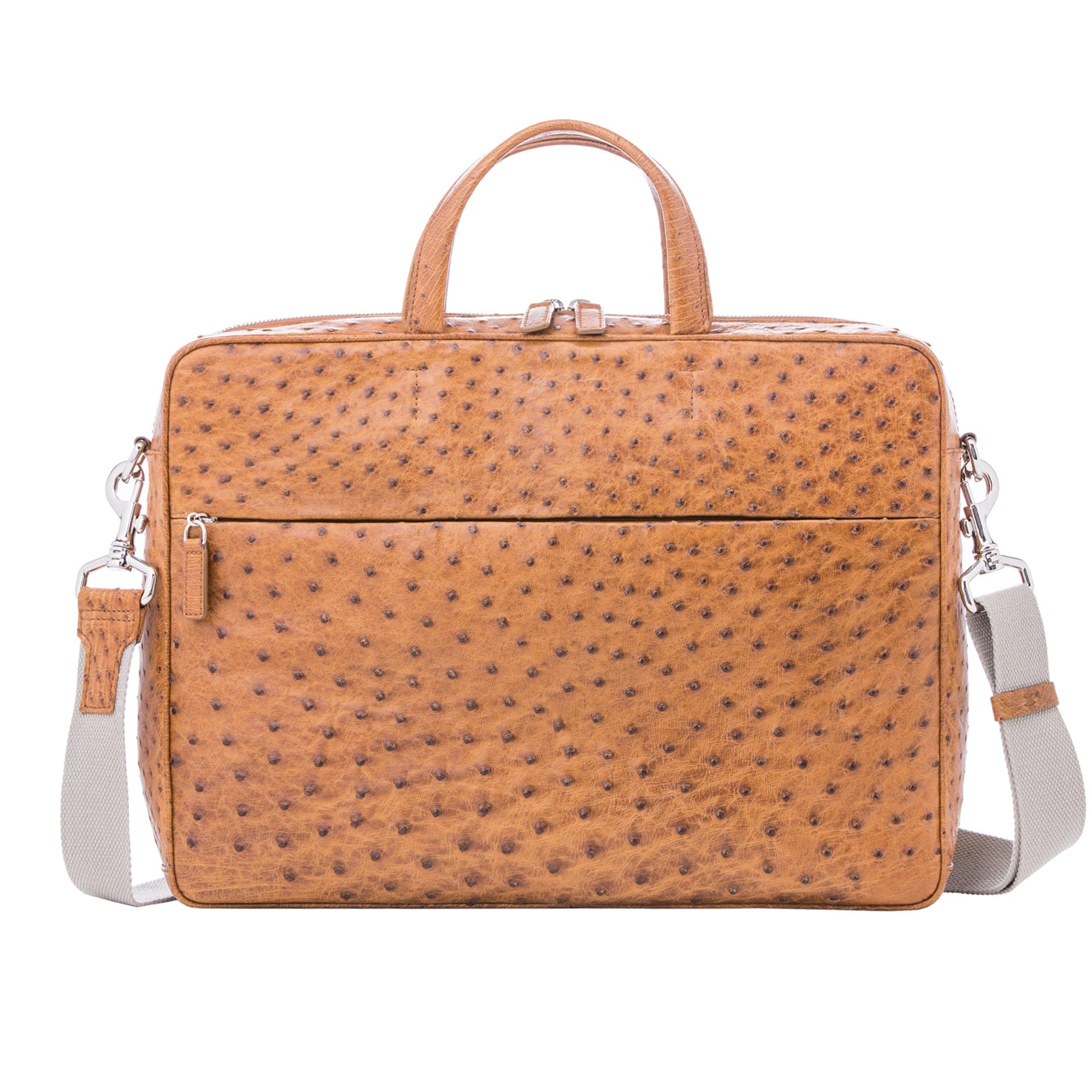 Large brown ostrich laptop bag with handles on a white background