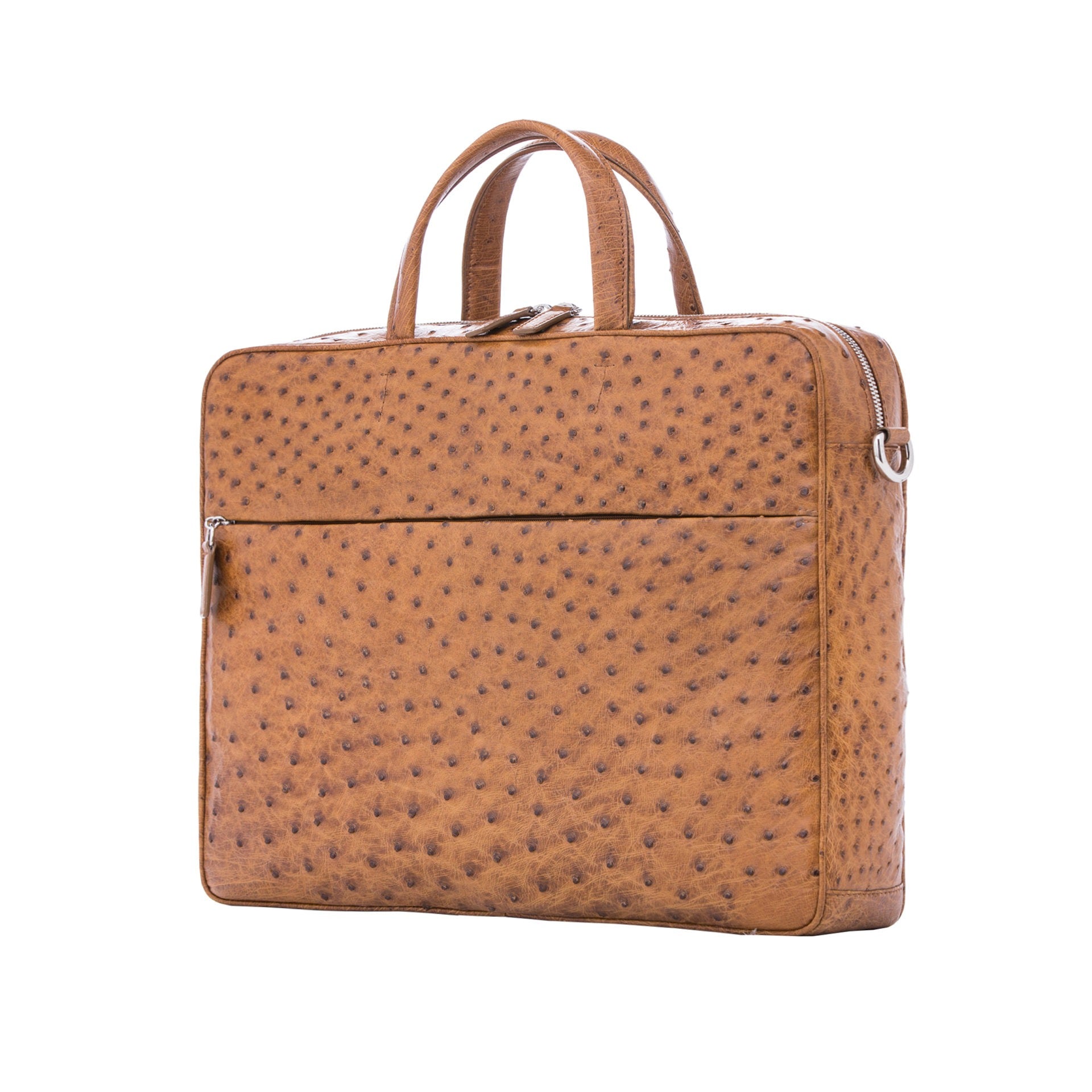 Large brown ostrich laptop bag with handles on a white background