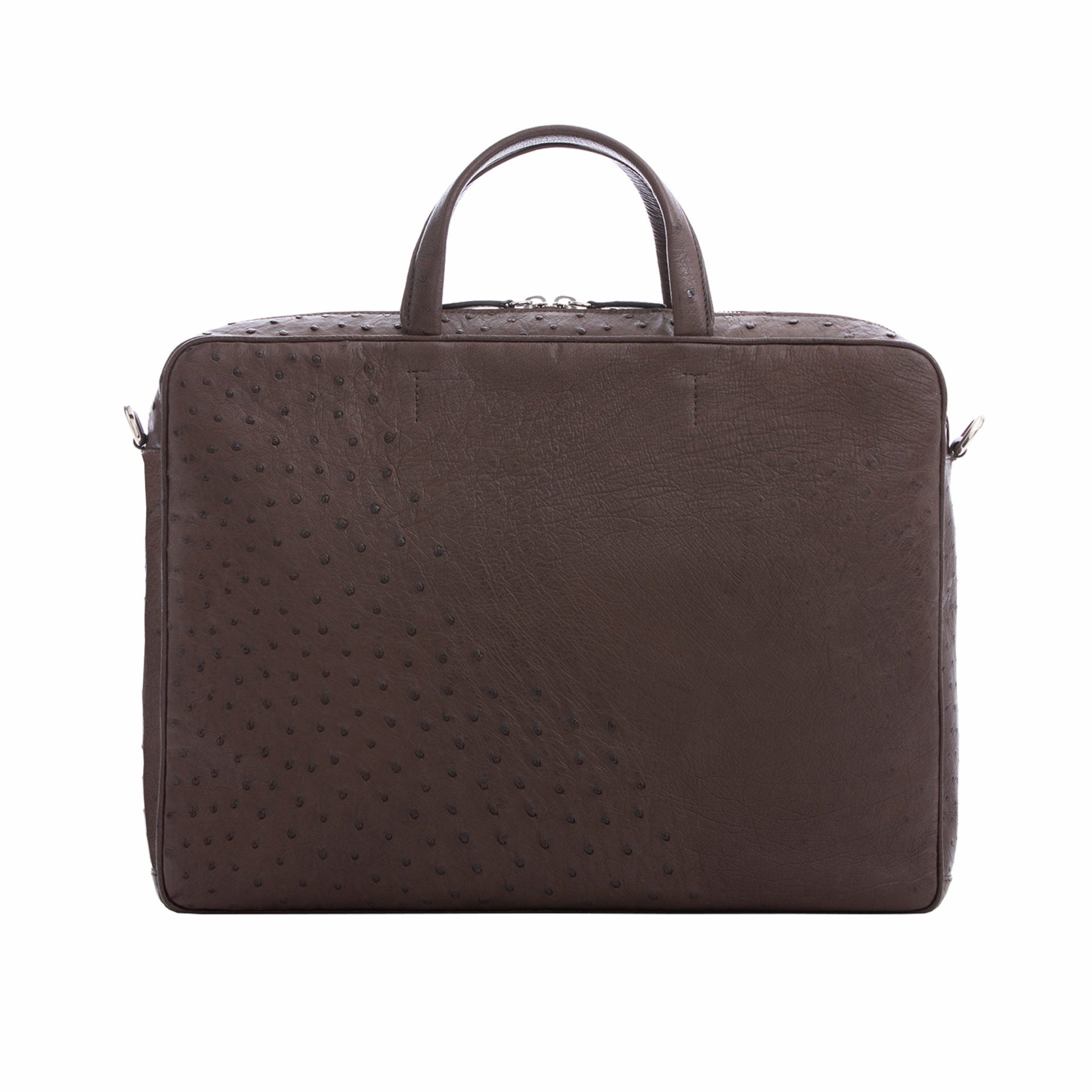 Large dark brown ostrich laptop bag with handles on a white background
