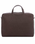Large dark brown ostrich laptop bag with handles on a white background