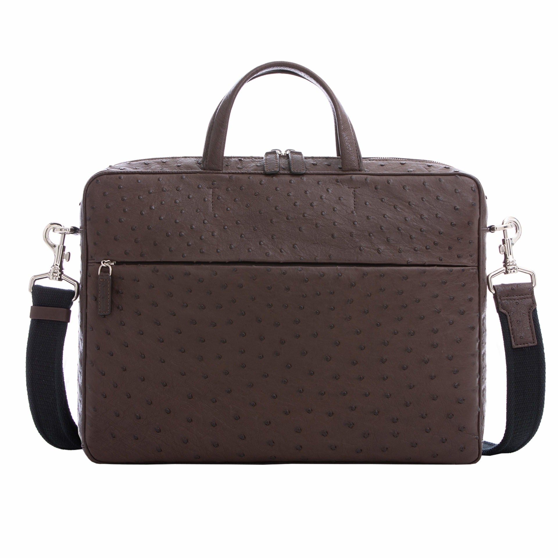 Large dark brown ostrich laptop bag with handles on a white background