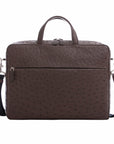 Large dark brown ostrich laptop bag with handles on a white background