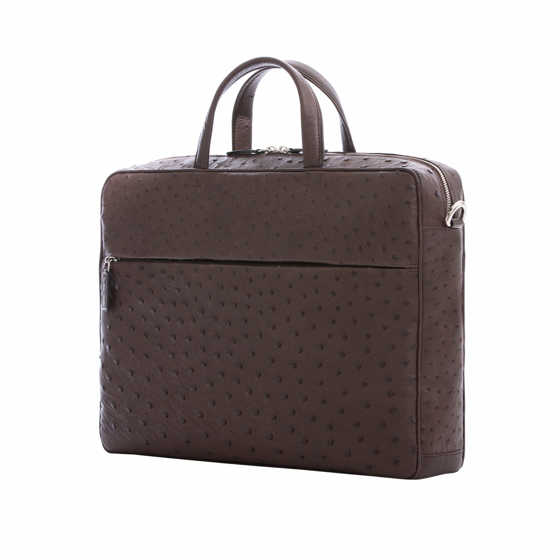 Large dark brown ostrich laptop bag with handles on a white background