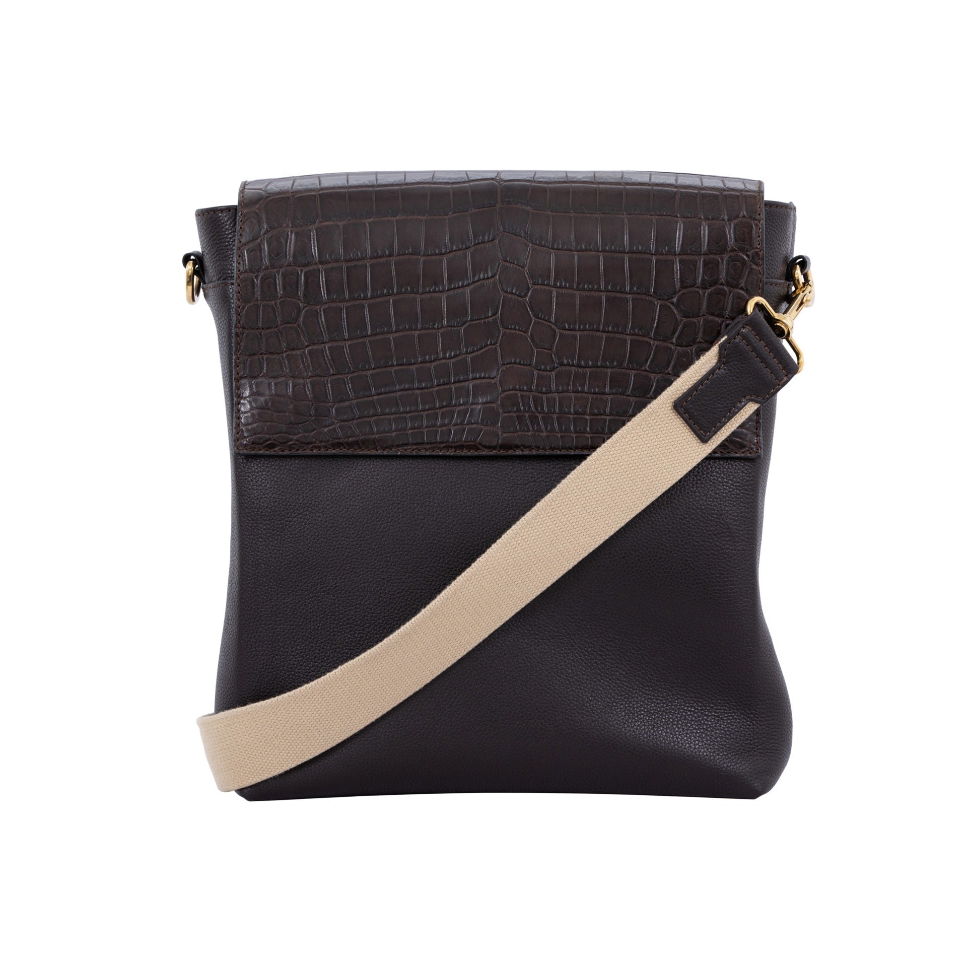 Brown crocodile messenger bag with crocodile texture and beige strap on a white background