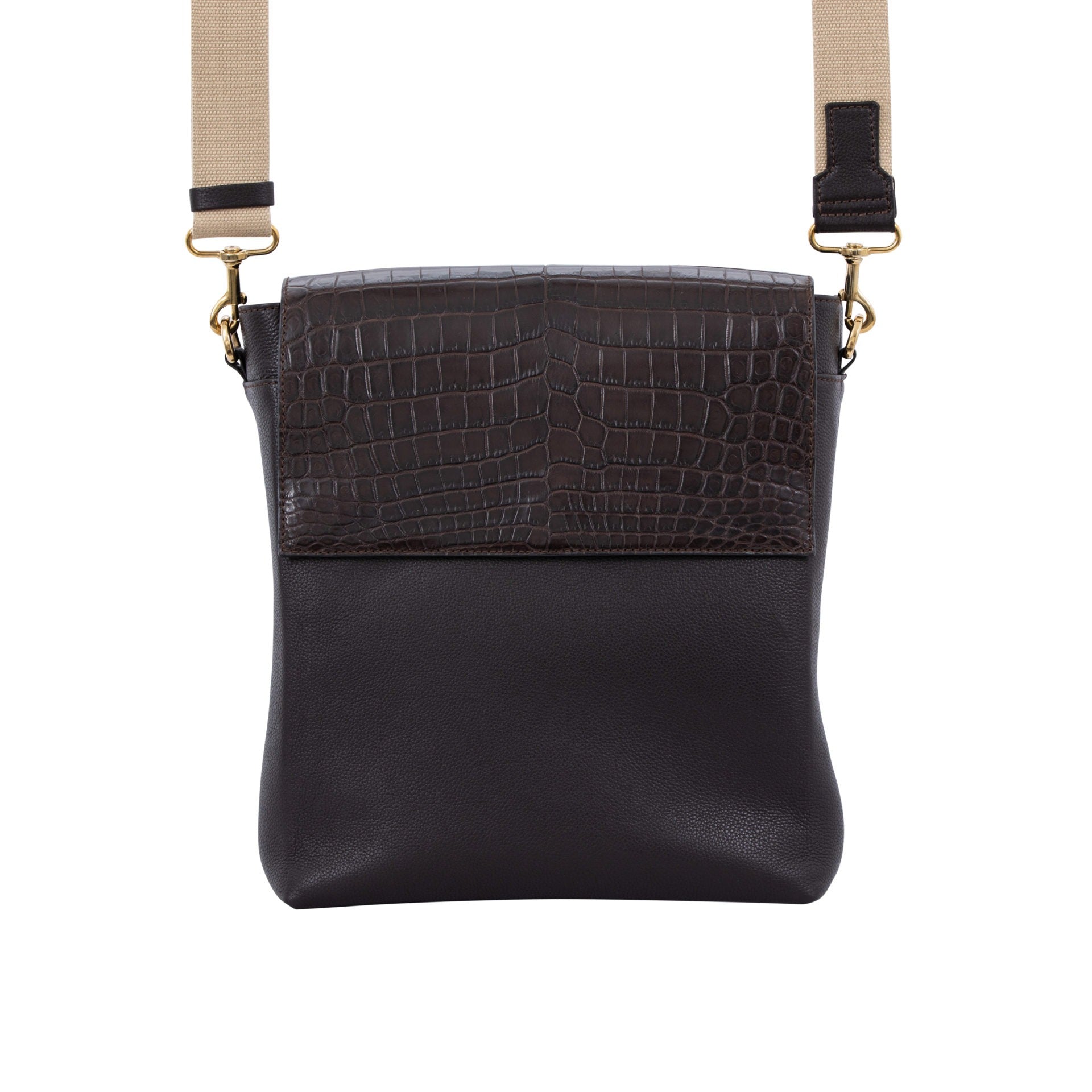 Brown crocodile messenger bag with crocodile texture and beige strap on a white background