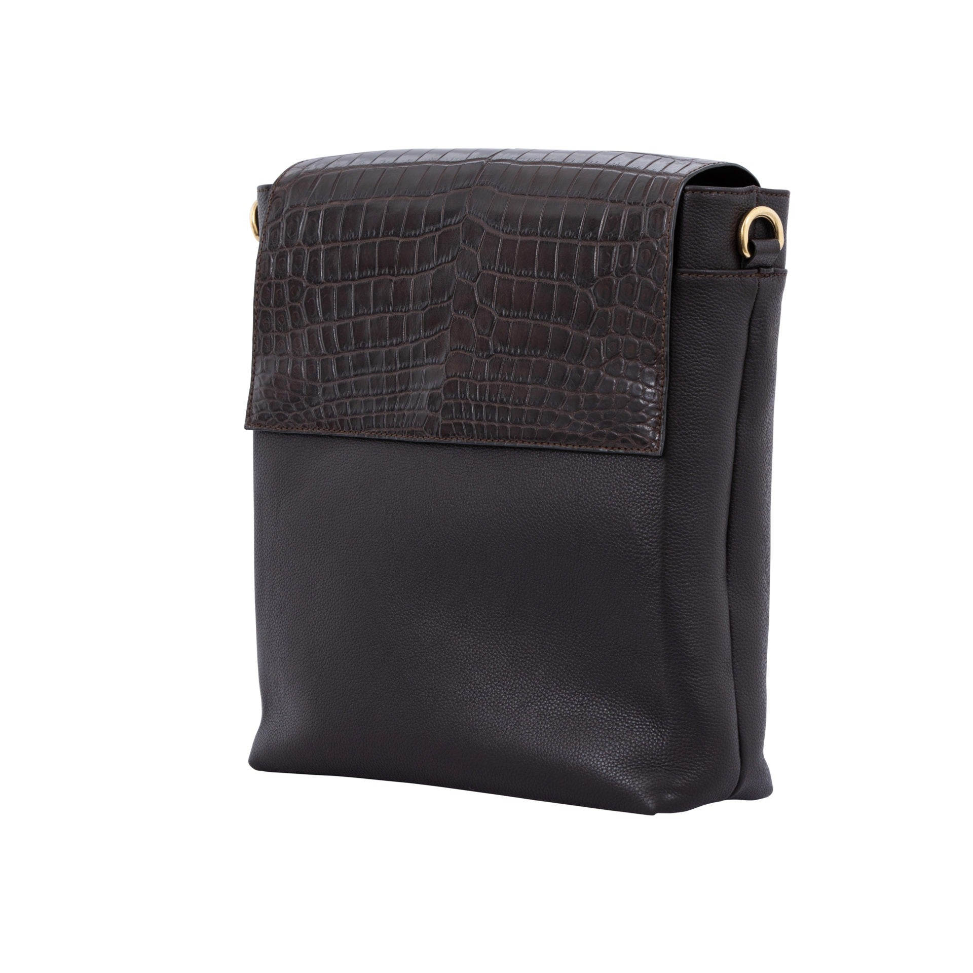 Brown crocodile messenger bag with crocodile texture on a white background