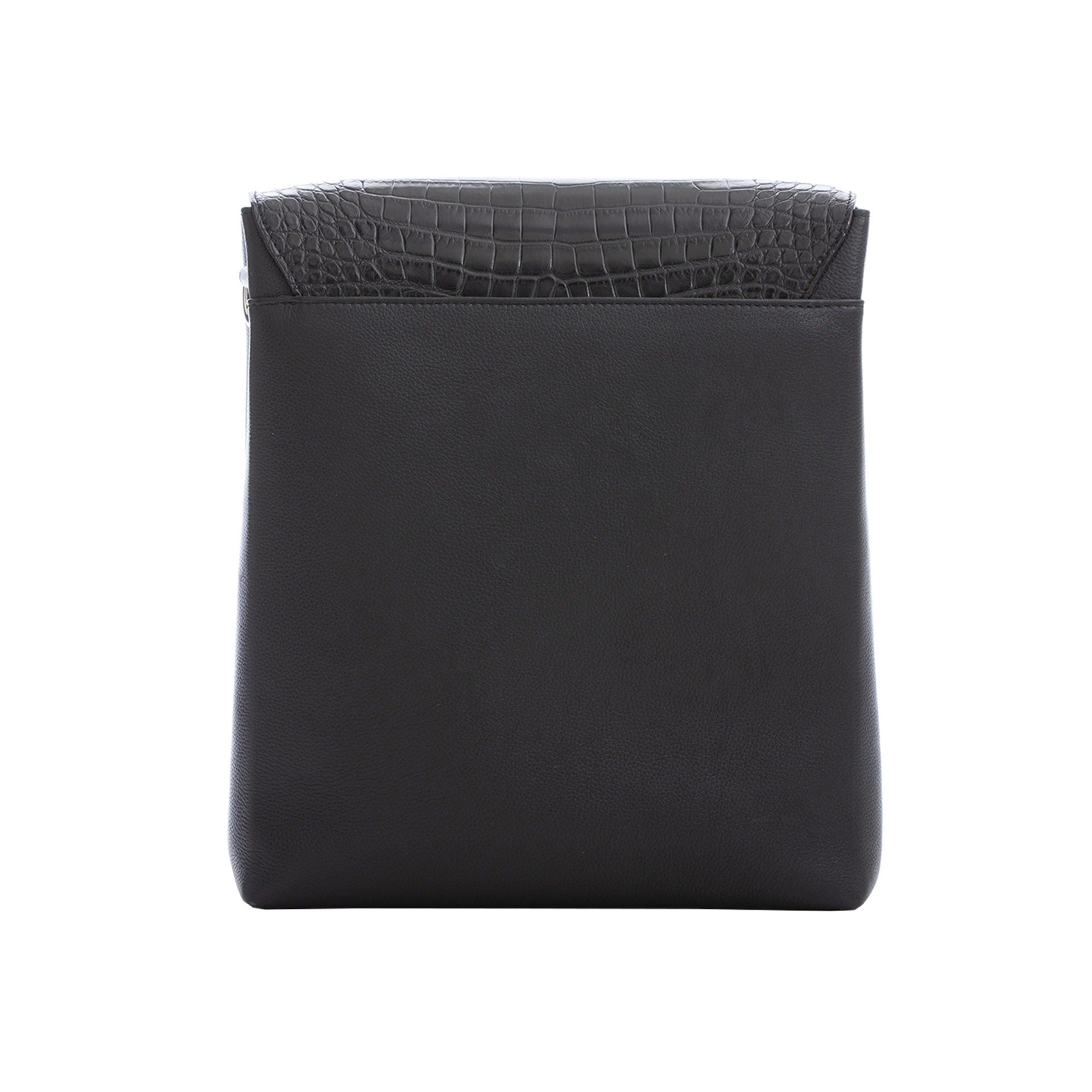 Black crocodile textured messenger bag on a white background