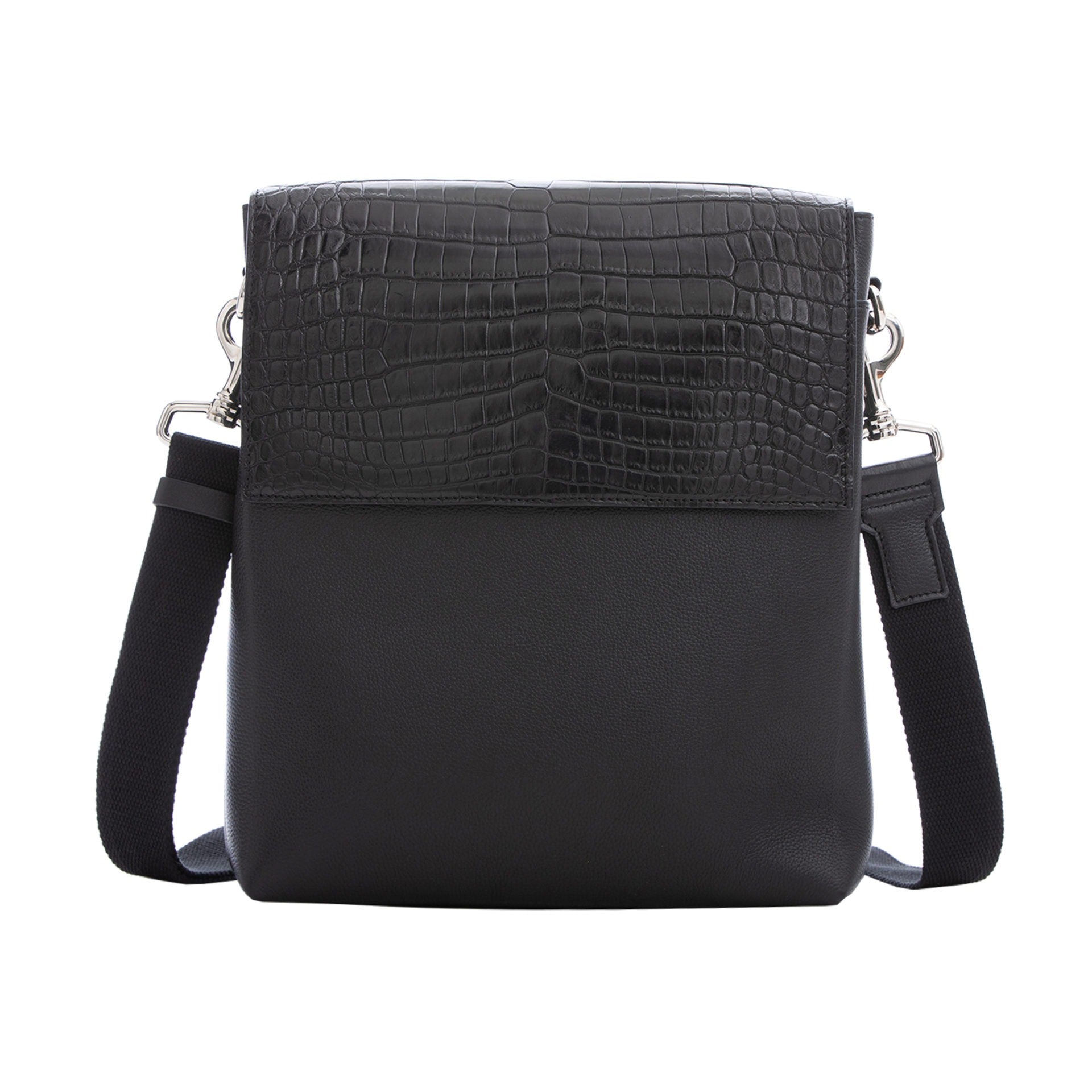 Black crocodile textured messenger bag on a white background