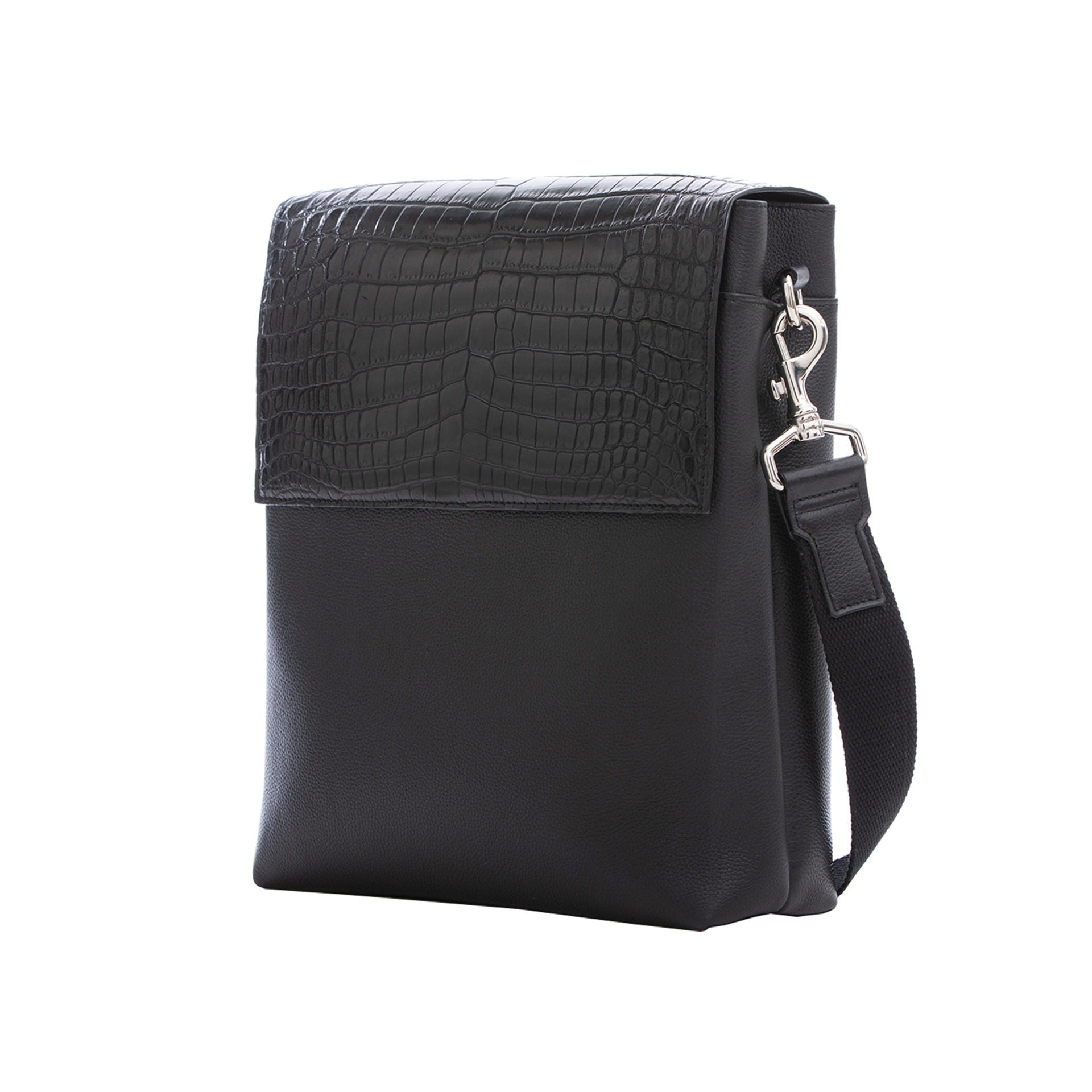 Black crocodile textured messenger bag on a white background